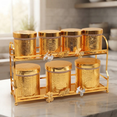 Luxury Canister 7 Pieces Set Golden with 2 Tier Rack at Zubaidas Homestore 