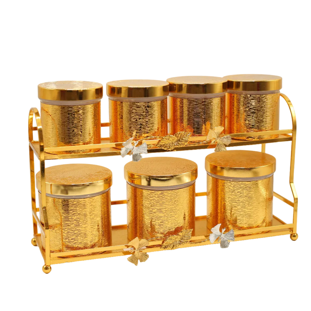 Luxury Canister 7 Pieces Set Golden with 2 Tier Rack at Zubaidas Homestore Pakistan