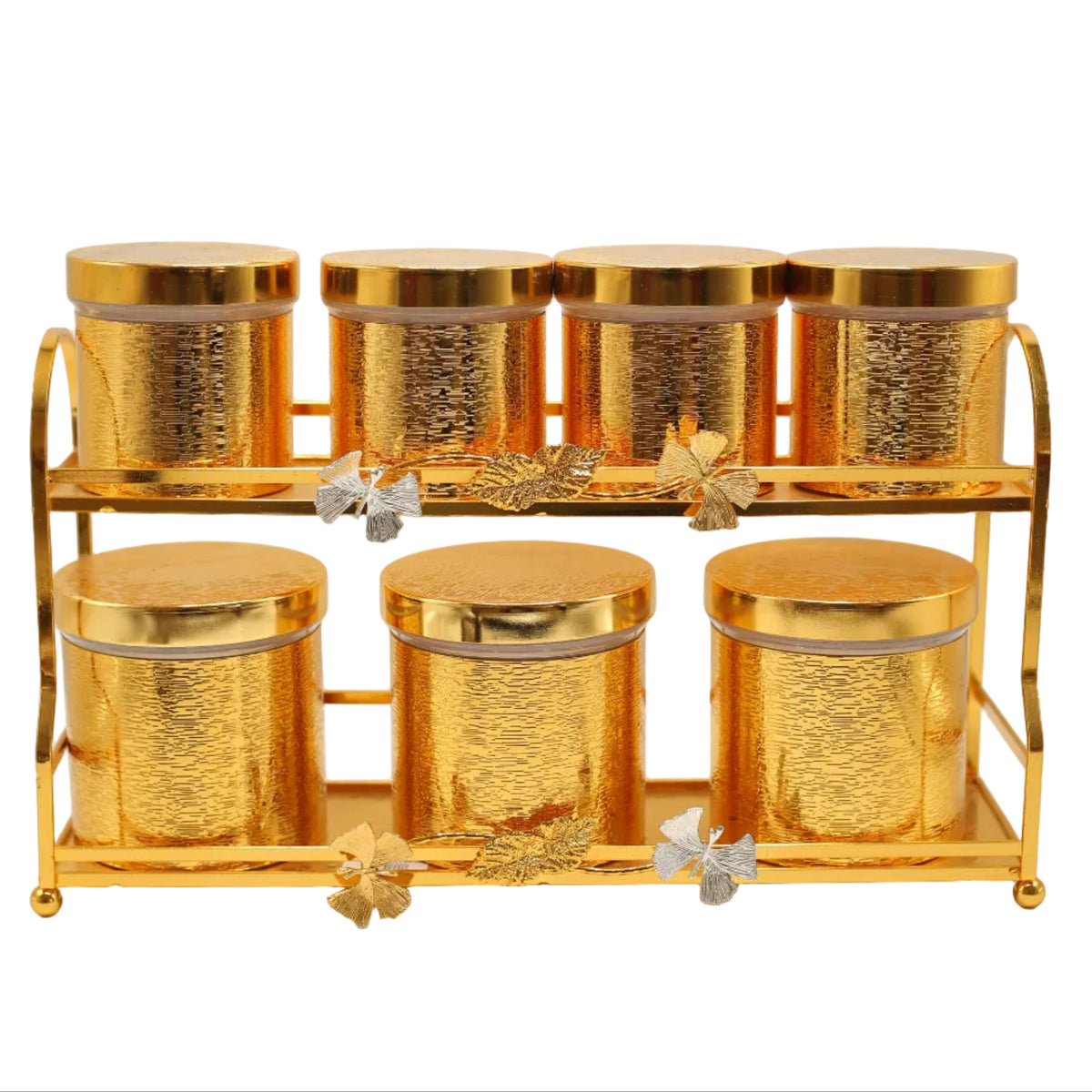 Luxury Canister 7 Pieces Set Golden with 2 Tier Rack at Zubaidas Homestore. Best Online Homestore in Pakistan