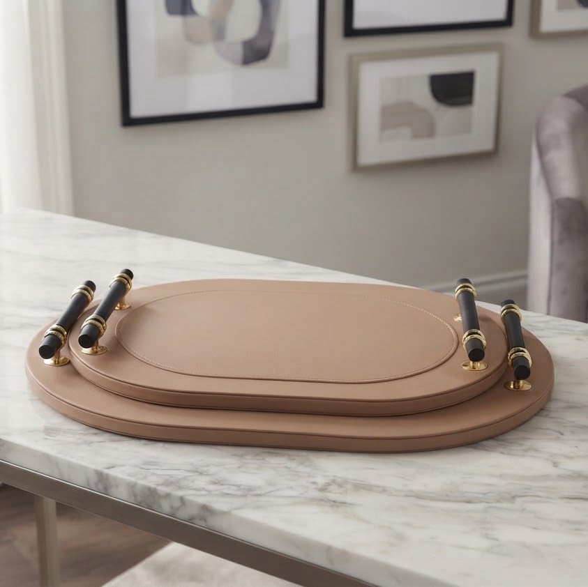 Luxury Faux Leather Oval Serving Tray 2 Pieces Set at Zubaidas Homestore 