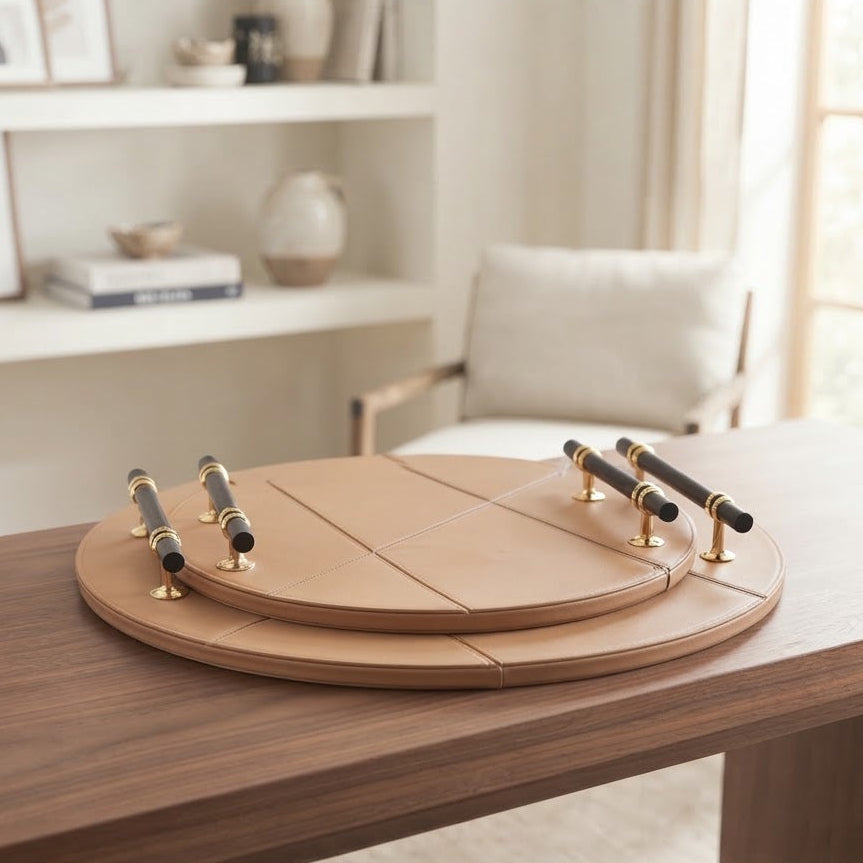 Luxury Faux Leather Round Serving Tray 2 Pieces Set at Zubaidas Homestore
