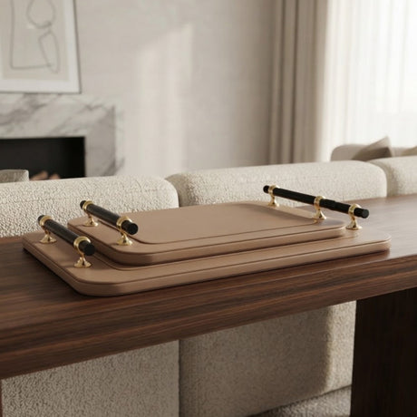 Luxury Faux Leather Serving Tray with Black Handle 2 Pieces Set at Zubaidas Homestore 