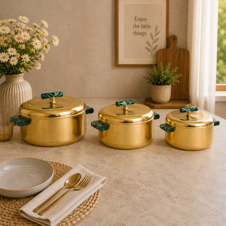 Luxury Gold Finish 3 Piece Hot Pot Set With Green Marble Handles at Zubaidas Homestore Pakistan