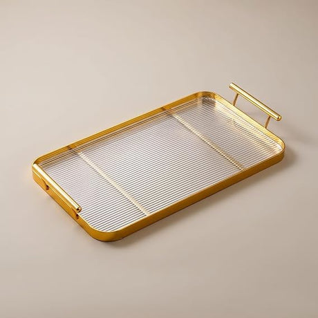 Luxury Rectangle Ribbed Glass Serving Tray with Handle at Zubaidas Homestore 