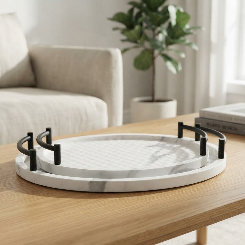 Marble Pattern Oval Serving Tray 2 Pieces Set White at Zubaidas Homestore 