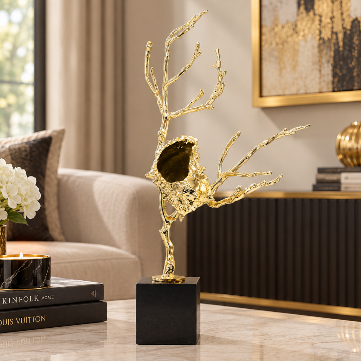 Metal Coral Branch Sculpture on Stand Gold at Zubaidas Homestore