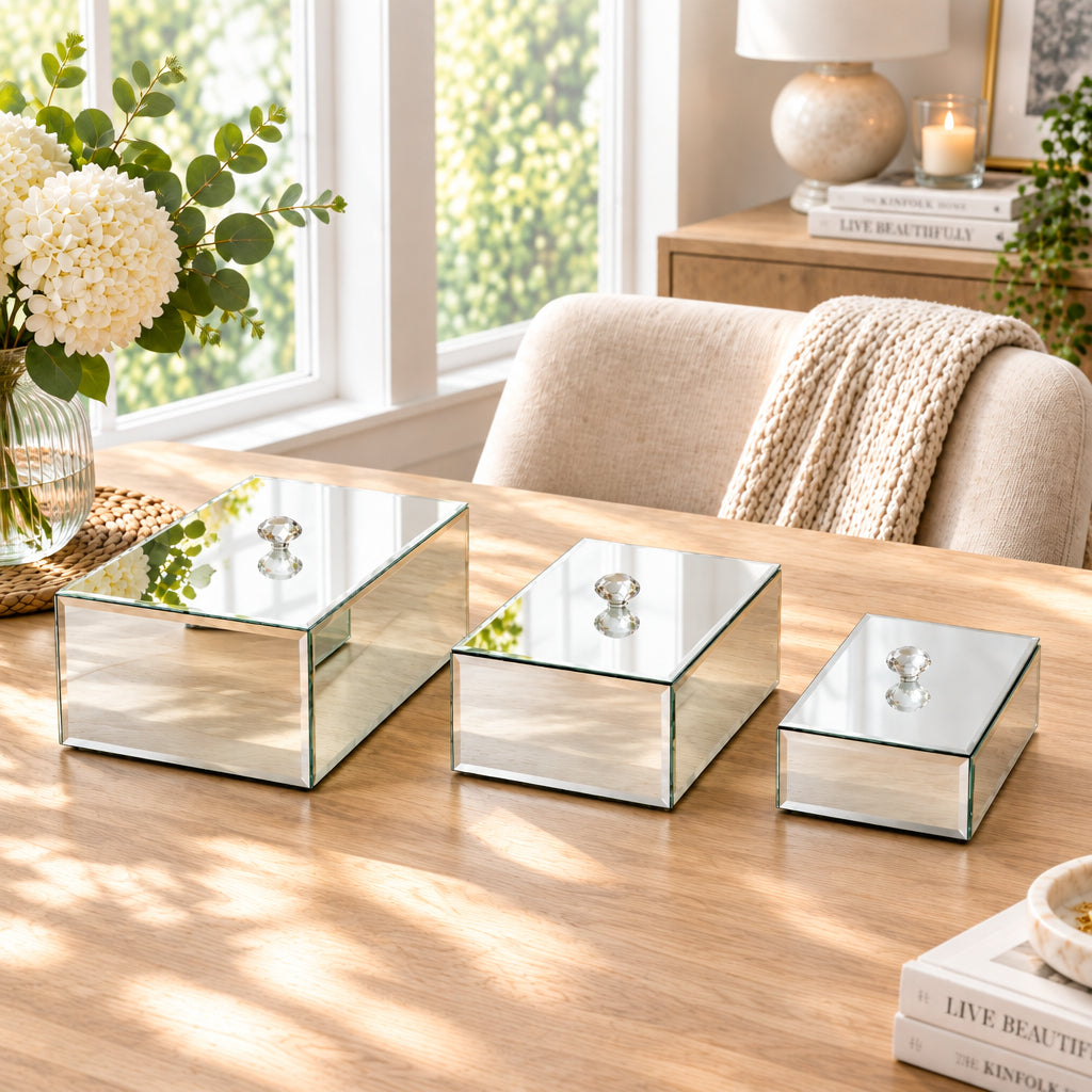 Mirrored White Glass Jewelry Box 3 Pieces Set at Zubaidas Homestore