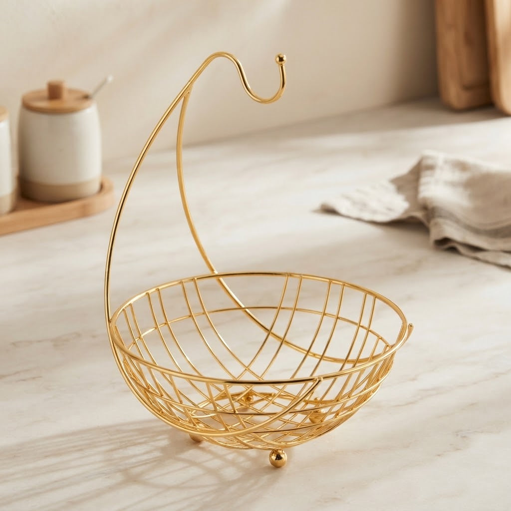 Modern Golden Wire Fruit Basket with Banana Hanger at Zubaidas Homestore