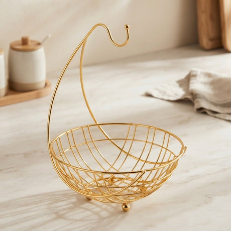 Modern Golden Wire Fruit Basket with Banana Hanger at Zubaidas Homestore