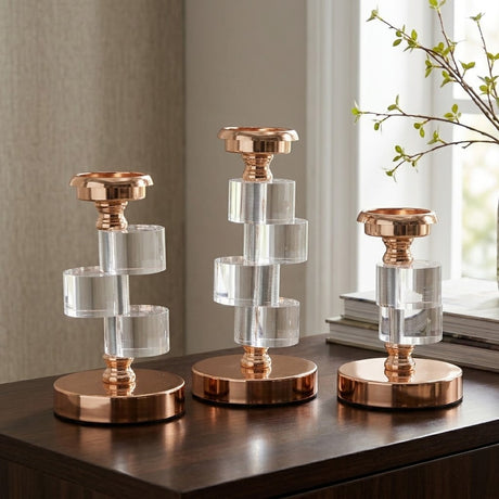 Modern Rose Gold Metal Candle Holder 3 Pieces Set at Zubaidas Homestore