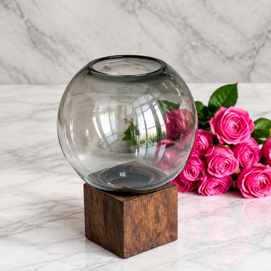 Modern Spherical Glass Vase on Wooden Base at Zubaidas Homestore