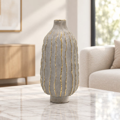 Modern Textured Gray Vase with Gold Trim at Zubaidas Homestore