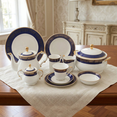 More &amp; More Bone China Dinner Set 71 Pieces Blue and Gold Accent at Zubaidas Homestore