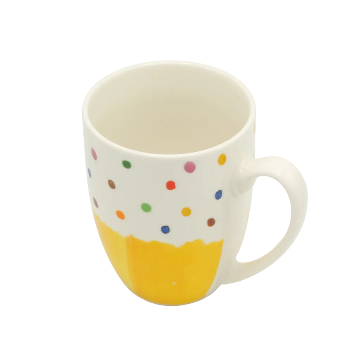 Multi Color Polka Dots Yellow Base Ceramic Mug 350ml at Zubaidas Homestore. Most Trusted Homestore in Pakistan