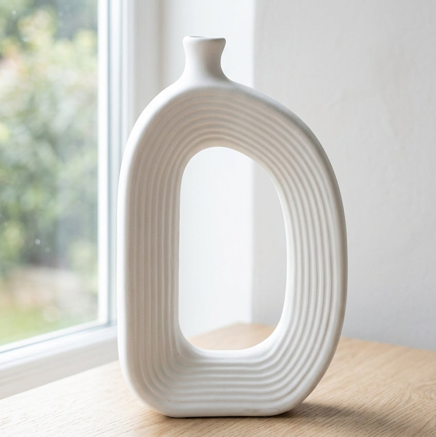 Nordic Ribbed Hollow Ceramic Decorative Vase at Zubaidas Homestore