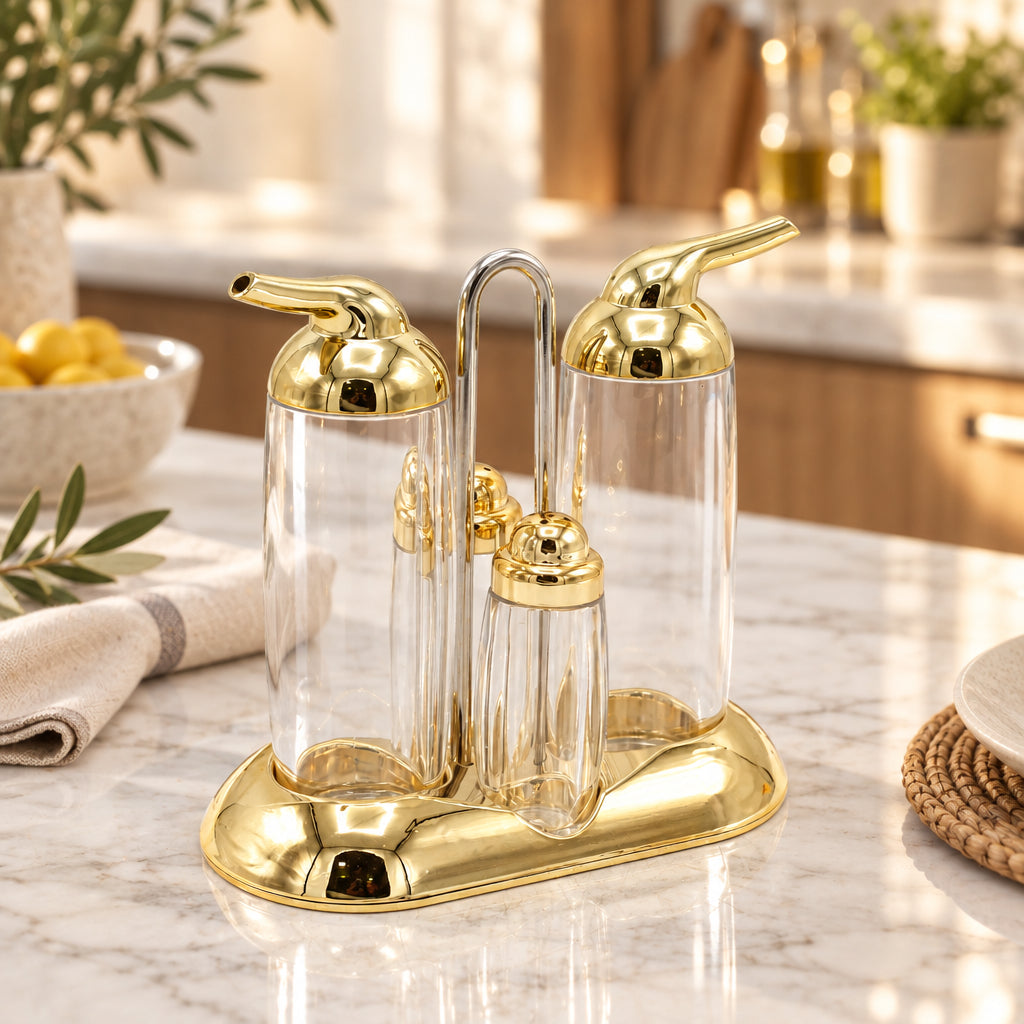 Oil and Vinegar Bottle Set with Salt and Pepper Shaker Golden at Zubaidas Homestore