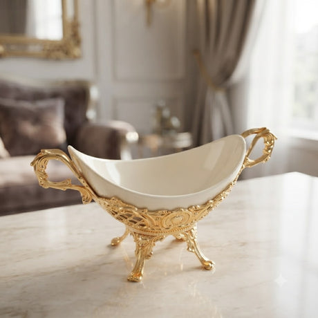 Orchid Oval Glass Salad Serving Bowl with Golden Metal Stand at Zubaidas Homestore Pakistan