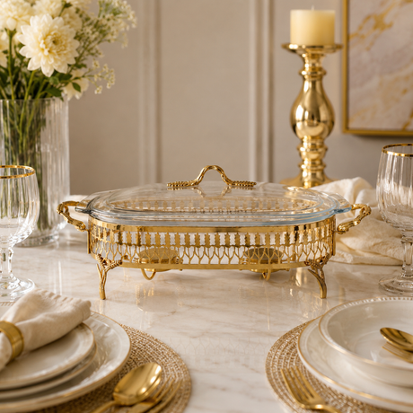 Orchid Oval glass serving buffet dish with burner at Zubaidas Homestore Pakistan