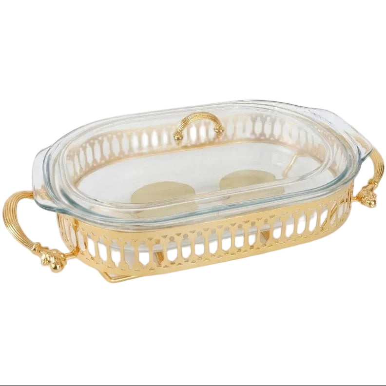 Orchid Oval glass serving buffet dish with burner Gold at Zubaidas Homestore Best for Home Shopping