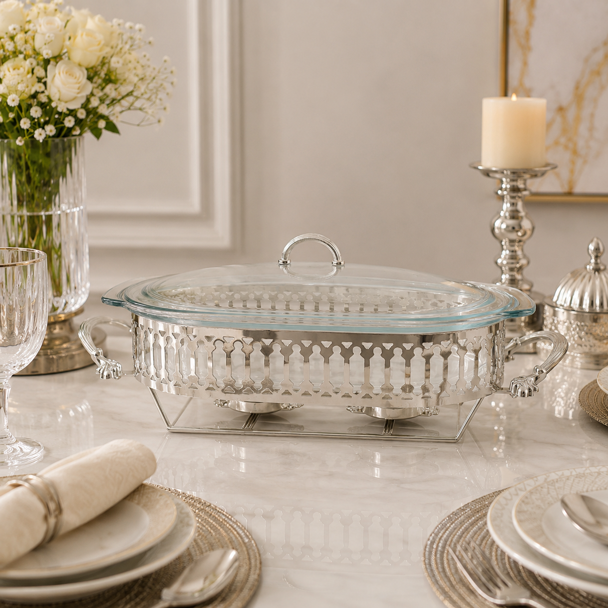Orchid Oval glass serving buffet dish with burner Silver at Zubaidas Homestore Pakistan