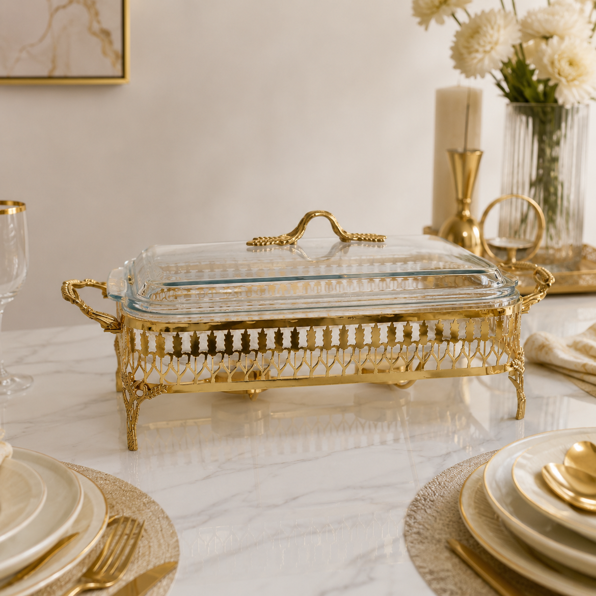 Orchid rectangular glass serving buffet dish with burner at Zubaidas Homestore Pakistan