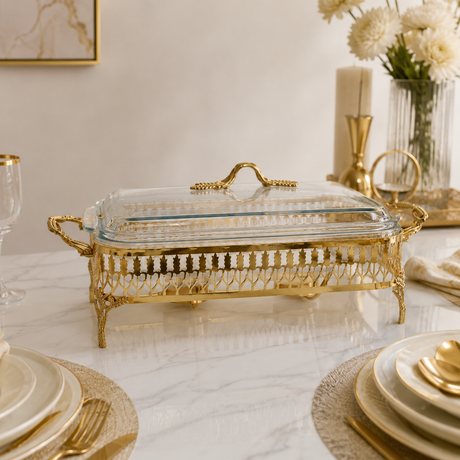 Orchid rectangular glass serving buffet dish with burner at Zubaidas Homestore Pakistan