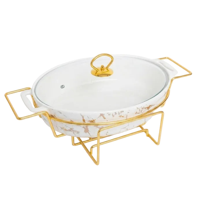 Oval Ceramic Casserole With Gold Warmer Stand 37cm&nbsp;at Zubaidas Homestore Pakistan