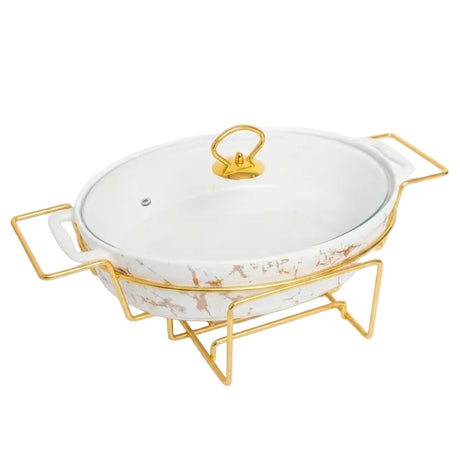 Oval Ceramic Casserole With Gold Warmer Stand 37cm&nbsp;at Zubaidas Homestore Pakistan