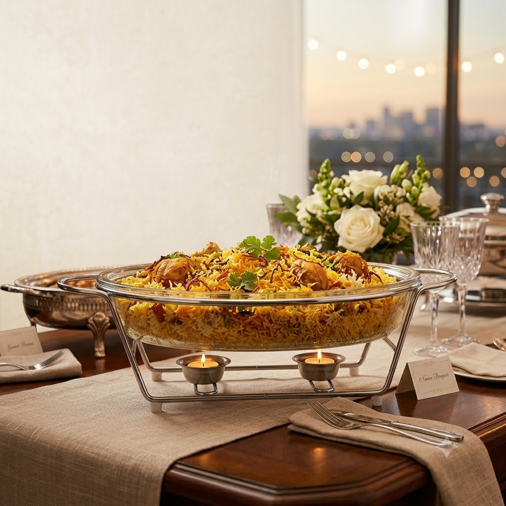 Oval Glass Chafing Dish With Silver Warmer Stand 3LTR Zubaidas Homestore Best for Home Shopping