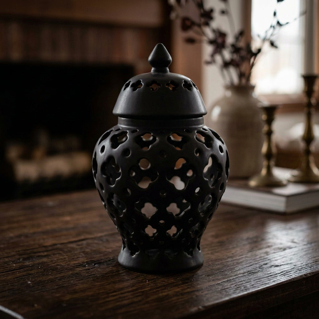 Perforated Matte Black Ceramic Candy Jar at Zubaidas Homestore