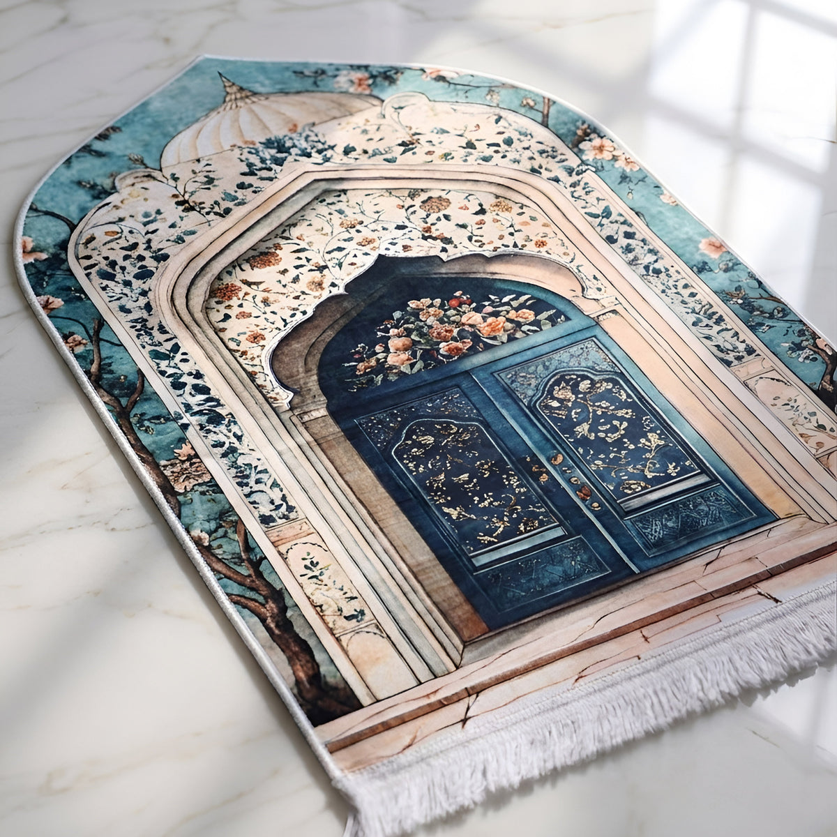 Plushmink Blue Palace Doors Floral Archway 3D Prayer Mat at Zubaidas Homestore Pakistan