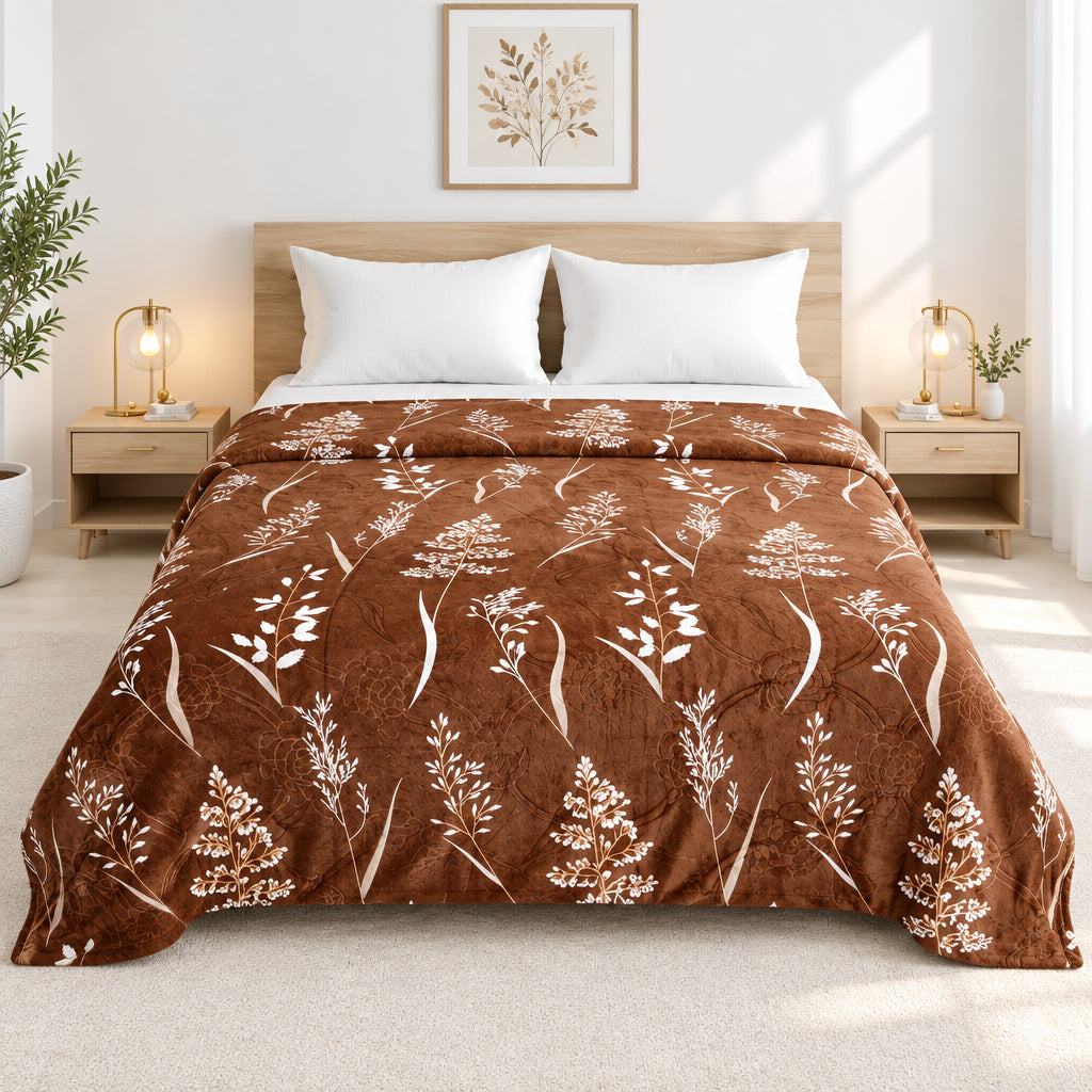 Plushmink Brown Botanical Print Winter Blanket Double Bed Size at Zubaidas Homestore 