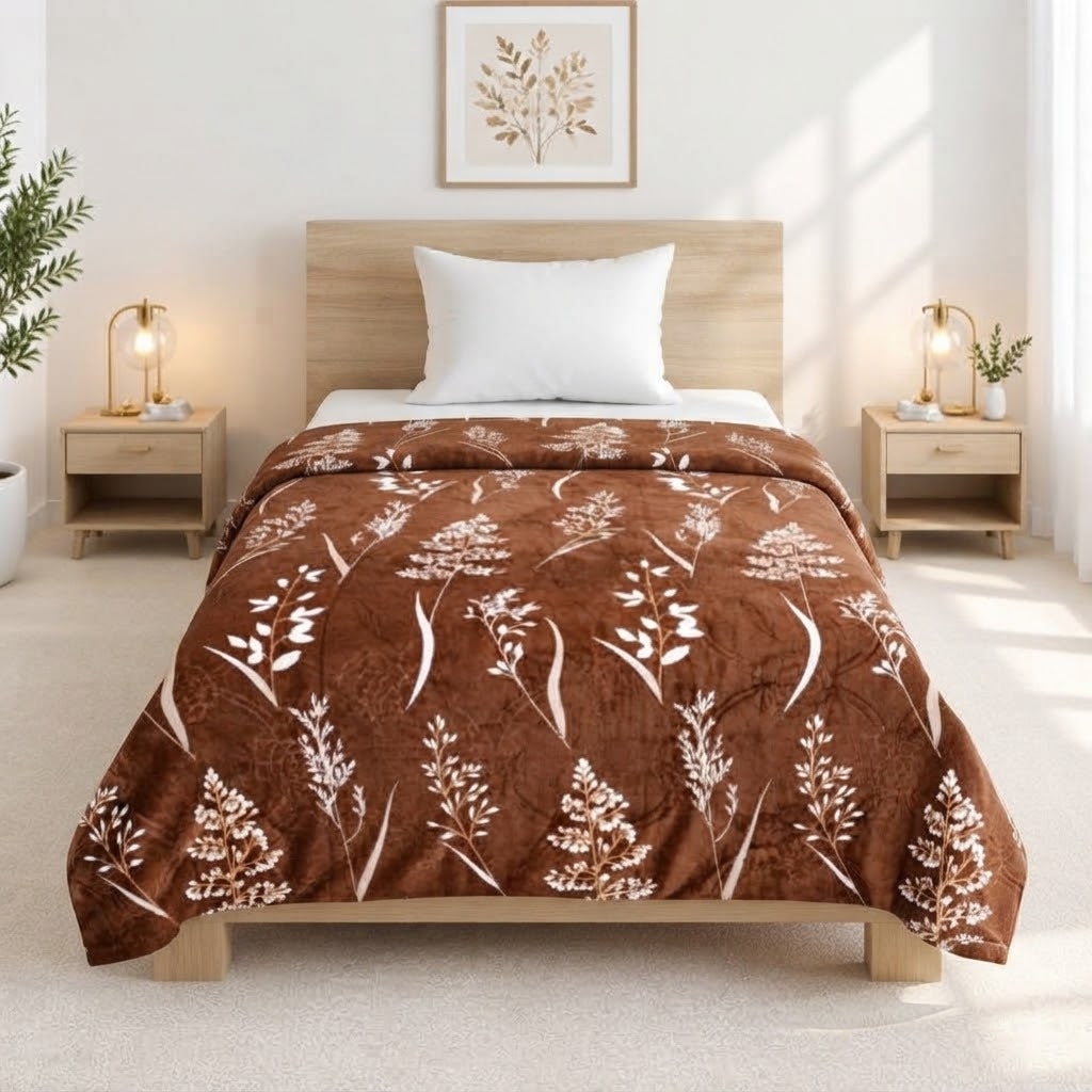 Plushmink Brown Botanical Print Winter Blanket Single Bed Size at Zubaidas Homestore