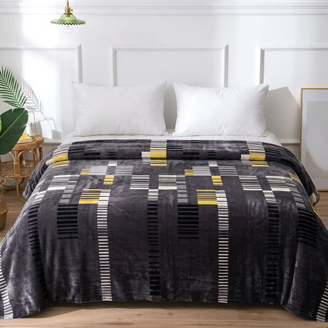 Plushmink Dark Grey Yellow Striped Winter Blanket King Size at Zubaidas Homestore 