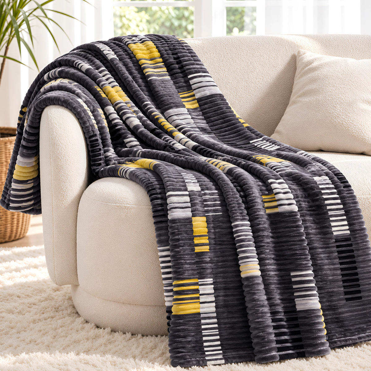 Plushmink Dark Grey Yellow Striped Winter Blanket Single Bed Size at Zubaidas No#1 Homestore In Pakistan