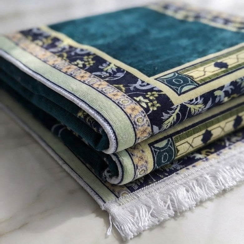 Plushmink Deep Cyan and Gold Pattern 3D Prayer Mat at Zubaidas Homestore Pakistan