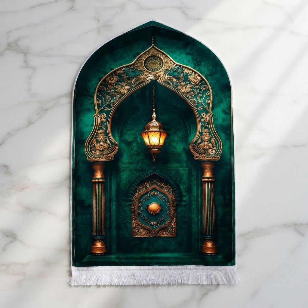 Plushmink Green and Gold Lantern Arch 3D Prayer Mat at Zubaidas Homestore 