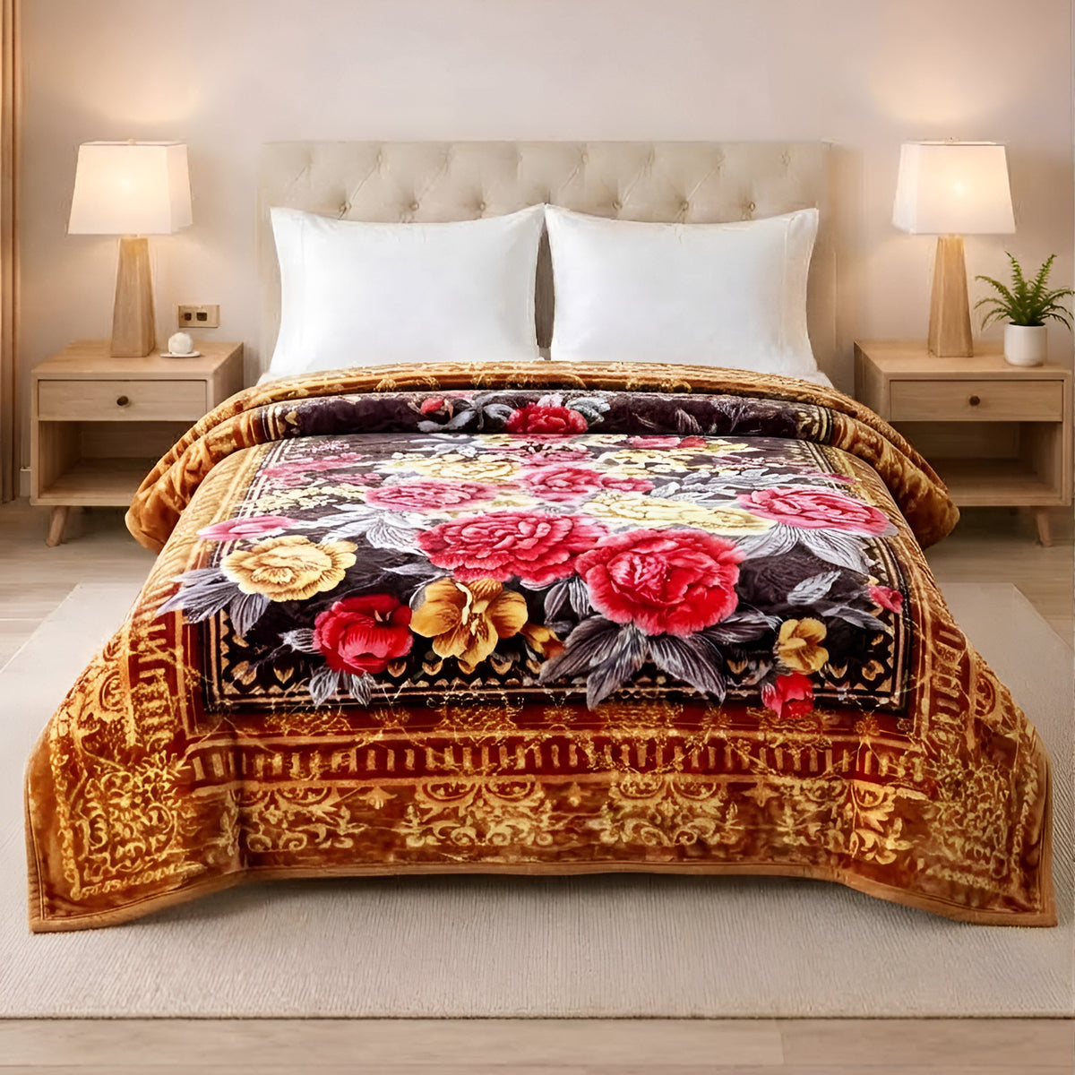 Plushmink Luxury Golden and Red Floral Winter Blanket at Zubaidas Homestore Pakistan