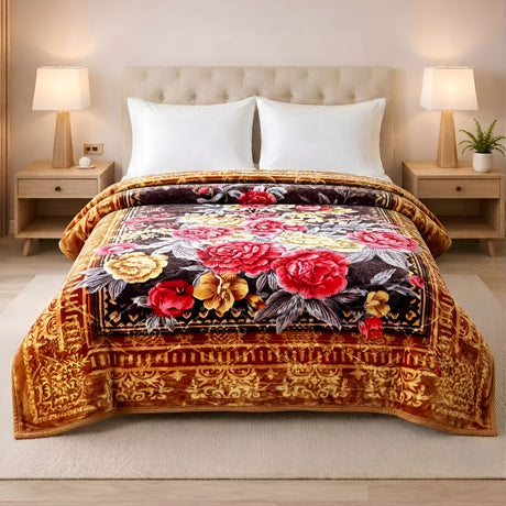 Plushmink Luxury Golden and Red Floral Winter Blanket at Zubaidas Homestore Pakistan