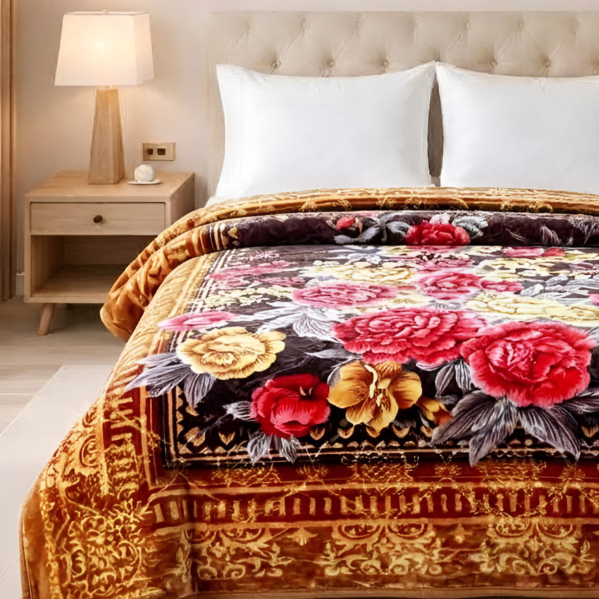 Plushmink Luxury Golden and Red Floral Winter Blanket at Zubaidas Homestore