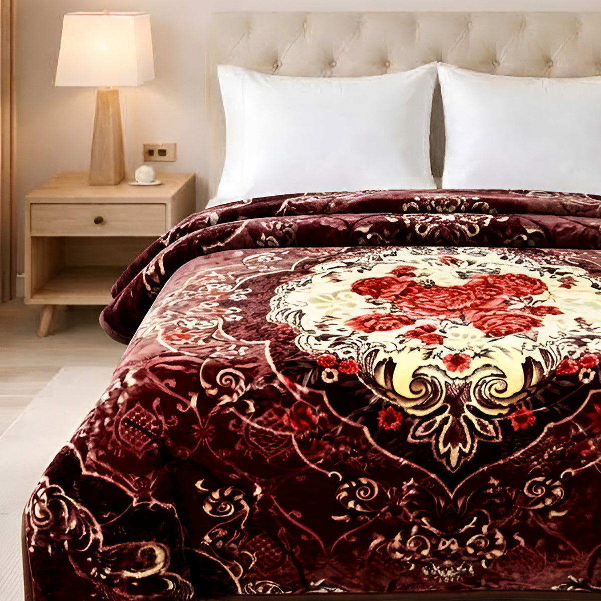 Plushmink Luxury Maroon and Gold Baroque Winter Blanket at Zubaidas Homestore