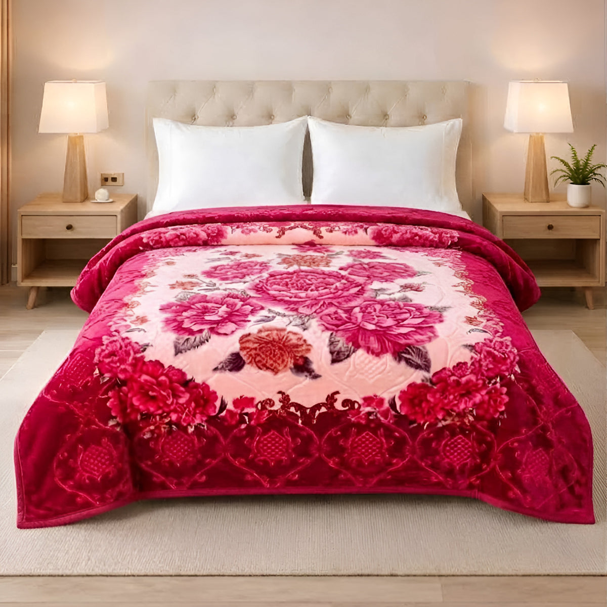 Plushmink Luxury Pink and Peach Floral Winter Blanket at Zubaidas Homestore Pakistan