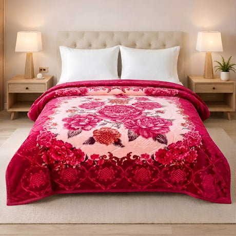 Plushmink Luxury Pink and Peach Floral Winter Blanket at Zubaidas Homestore Pakistan