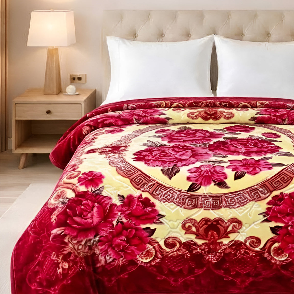 Plushmink Luxury Red and Cream Floral Winter Blanket at Zubaidas Homestore