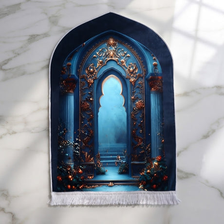 Plushmink Ornate Blue Niche with Golden Accents 3D Prayer Mat at Zubaidas Homestore 
