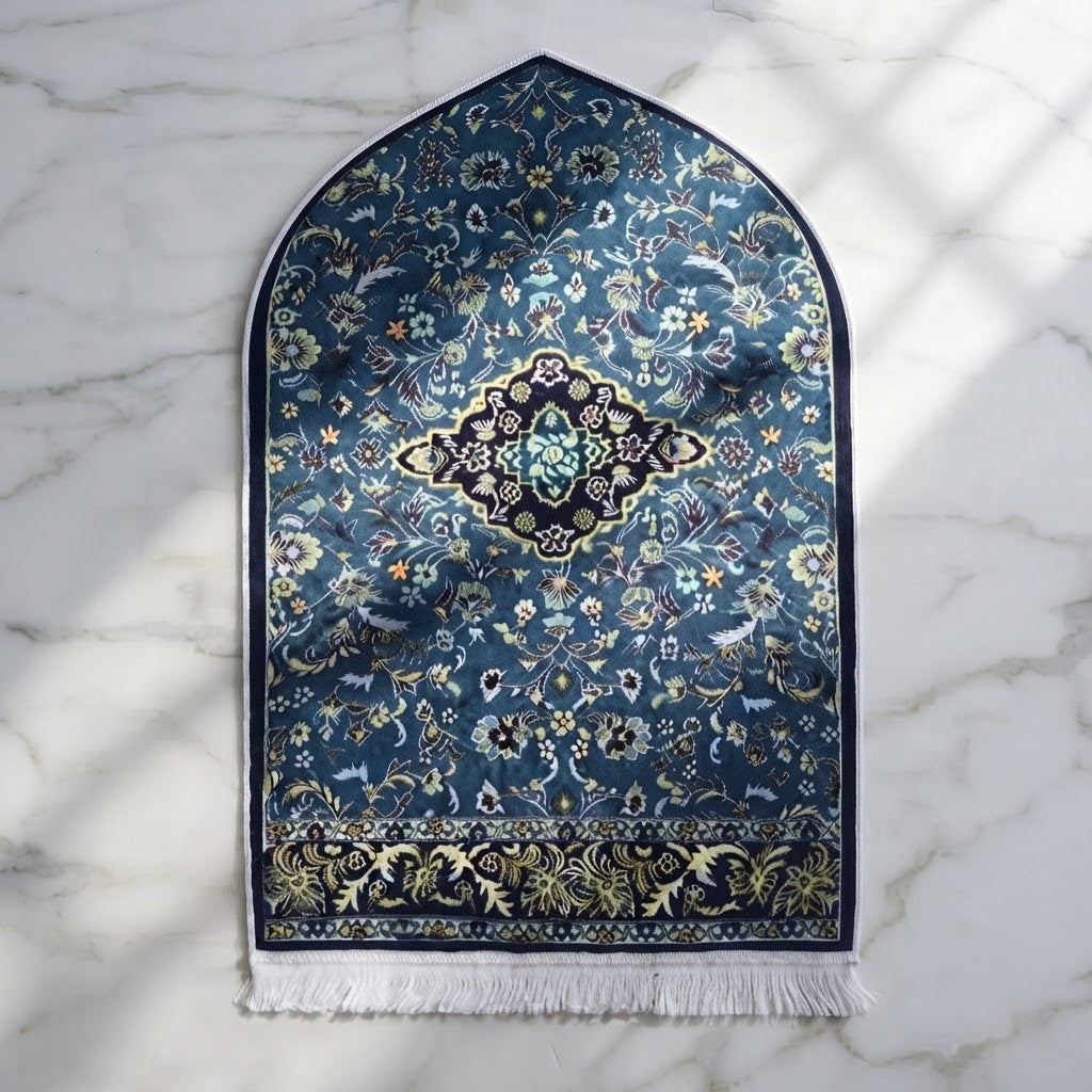 Plushmink Royal Blue Garden Islamic Rug 3D Prayer Mat at Zubaidas Homestore 