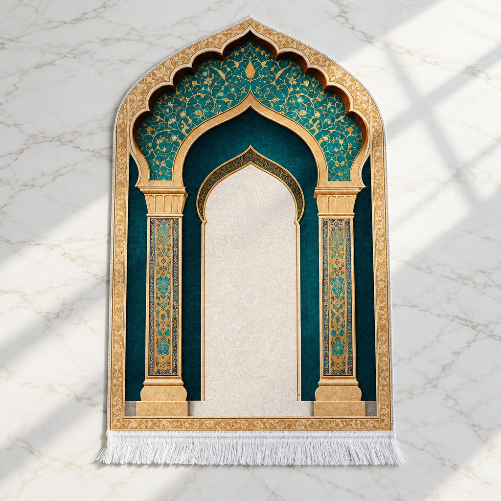 Plushmink Teal Gold Columned Arch 3D Prayer Mat at Zubaidas Homestore 