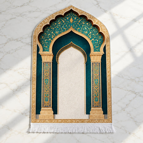 Plushmink Teal Gold Columned Arch 3D Prayer Mat at Zubaidas Homestore 