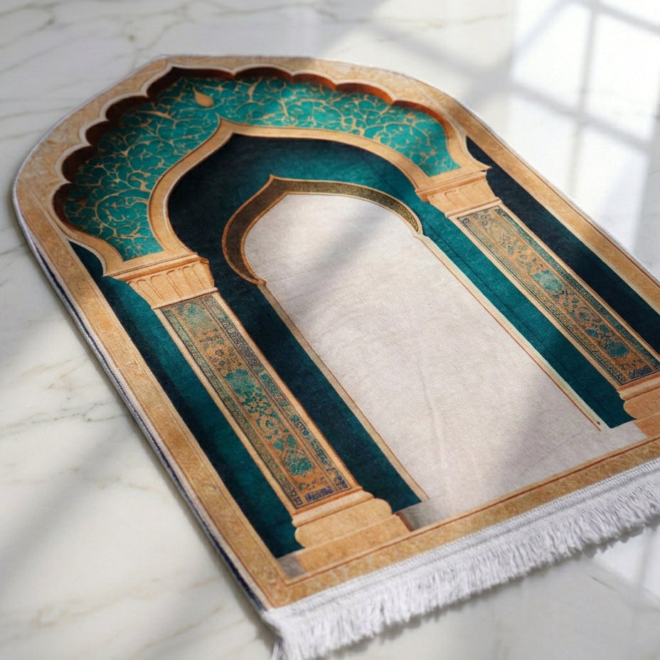 Plushmink Teal Gold Columned Arch 3D Prayer Mat at Zubaidas Homestore Pakistan
