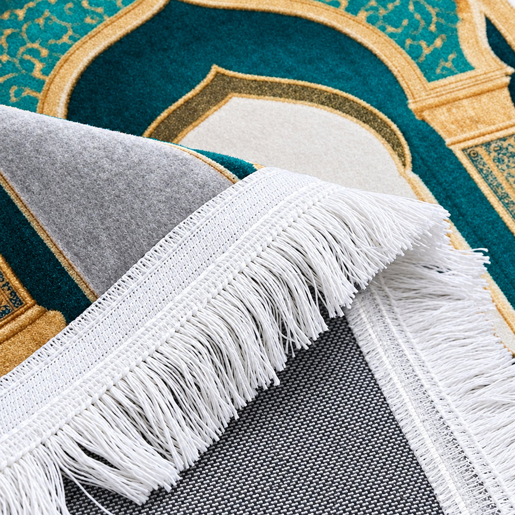 Plushmink Teal Gold Columned Arch 3D Prayer Mat at Zubaidas Homestore. Most Trusted Homestore in Pakistan